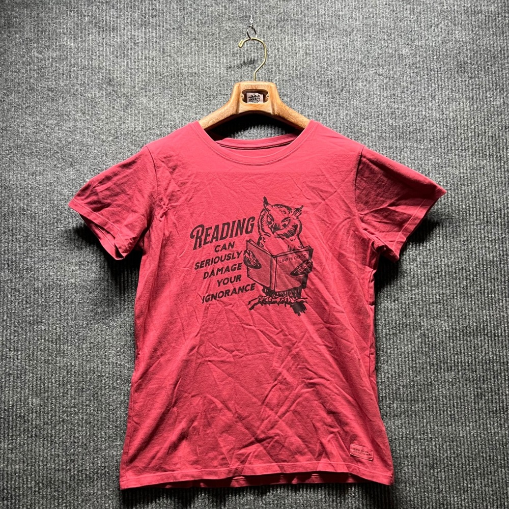 Life is Good T Shirt Womens Medium Red Reading Owl Graphic Cotton Short Sleeve